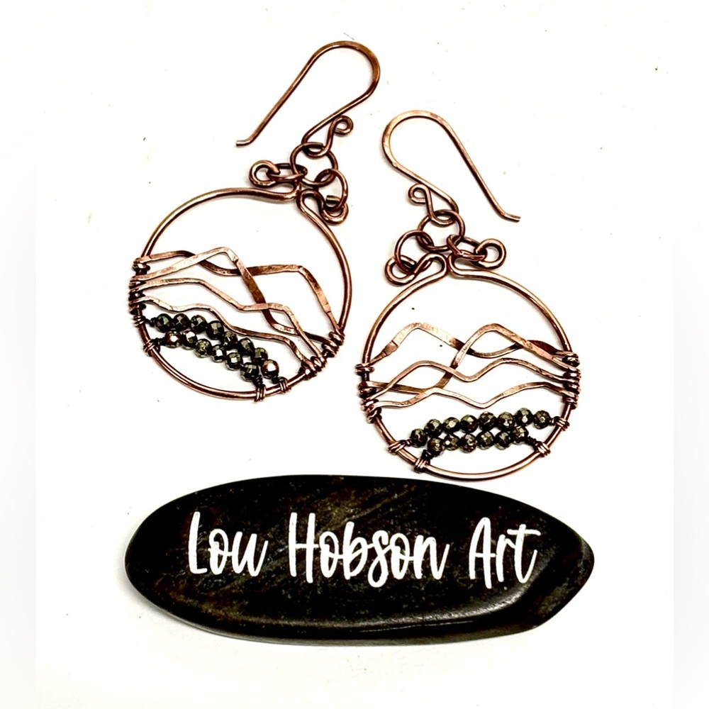 HAND CRAFTED Pyrite Wire Wrapped Mountains Copper Statement Earrings, Handmade